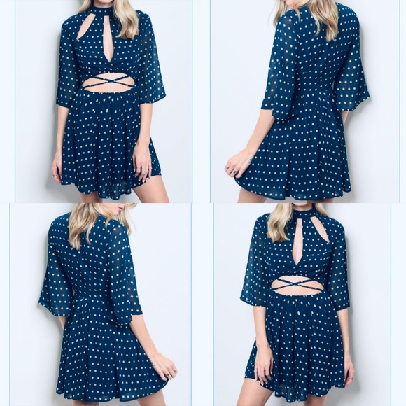 NWT Pretty Navy High Neck, Cut Out Polka Dot Dress - Picture 2 of 3